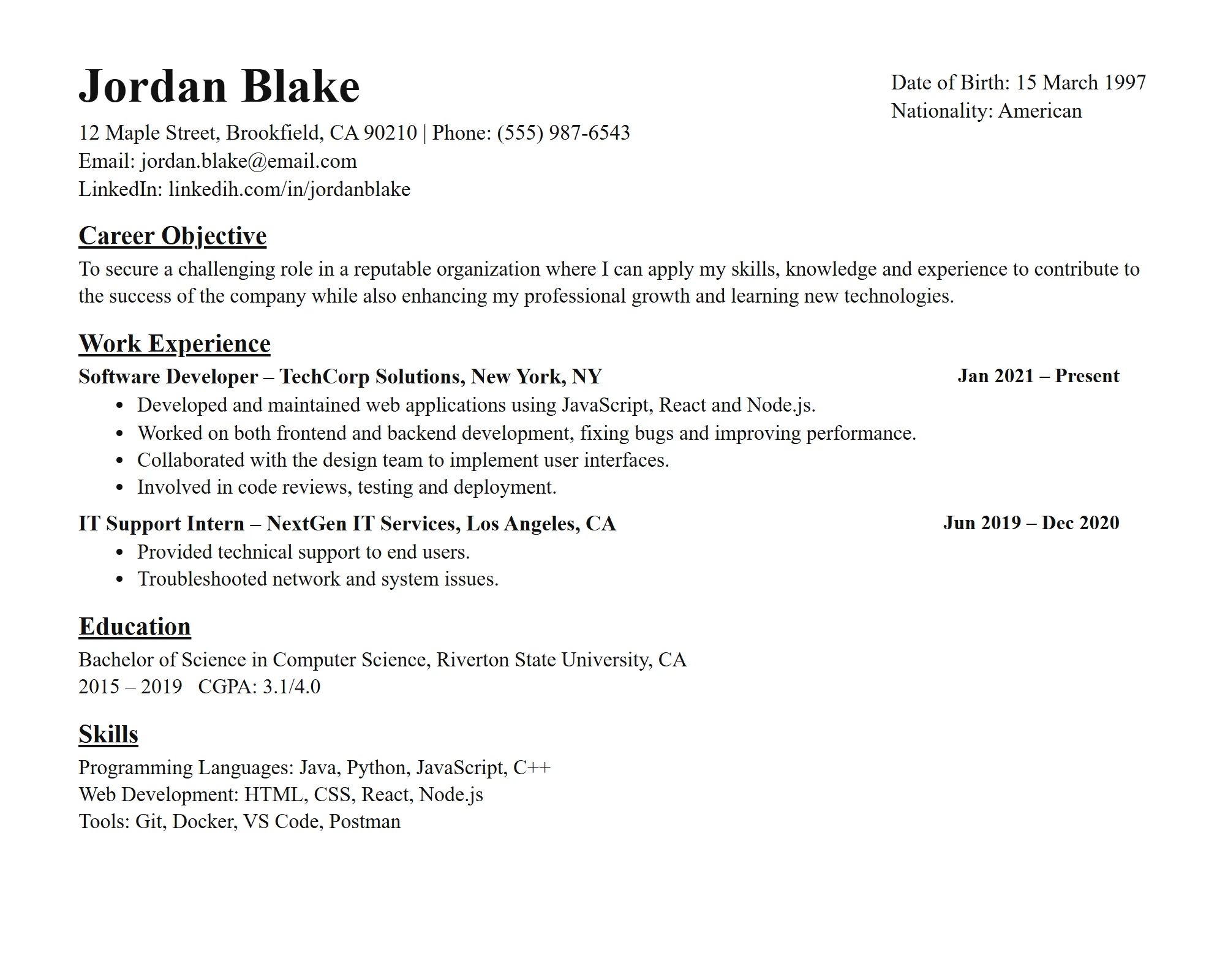 Unformatted candidate CV